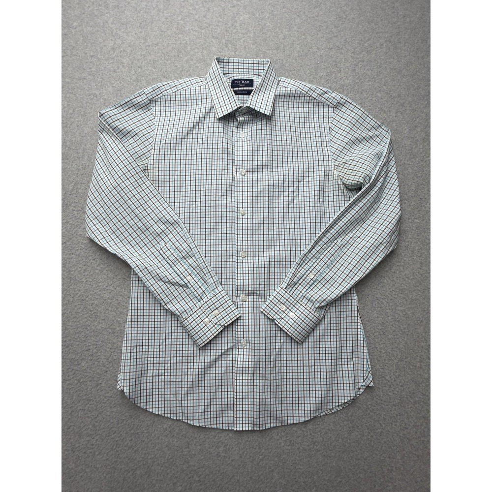 The Tie Bar Dress Shirt Mens 15 32/33 White Blue‎ Check Non Iron Trim Fit Cotton